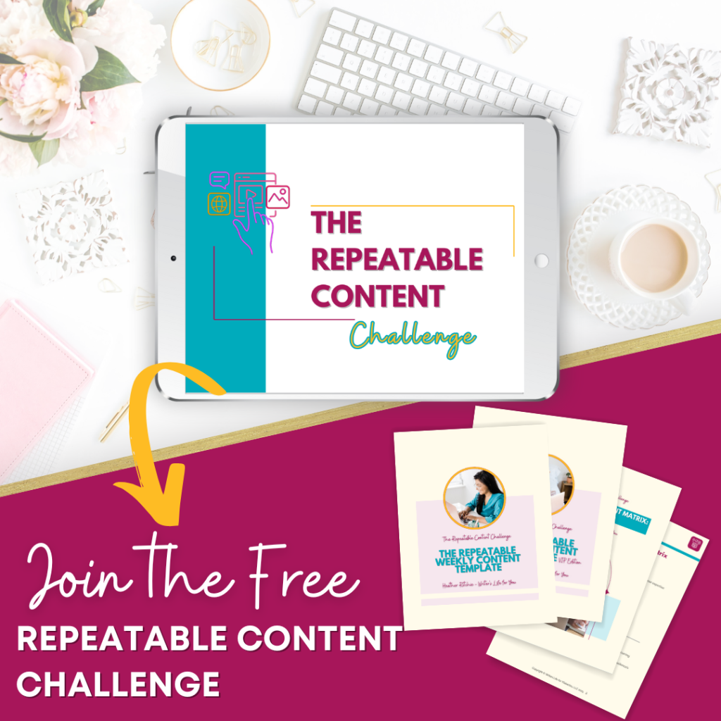 The Repeatable Content Challenge in a tablet on a desktop with light colored desk accessories